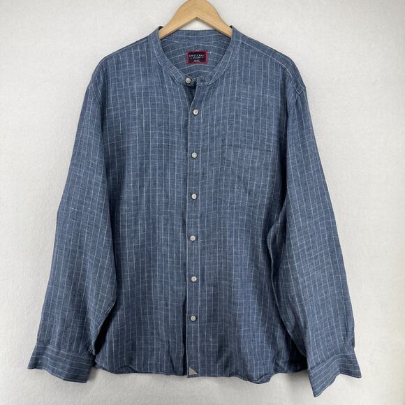 UNTUCKIT Shirt Mens 3XL Linen Ramey Mandarin Collar Grid Check Button Up Blue - Picture 1 of 14